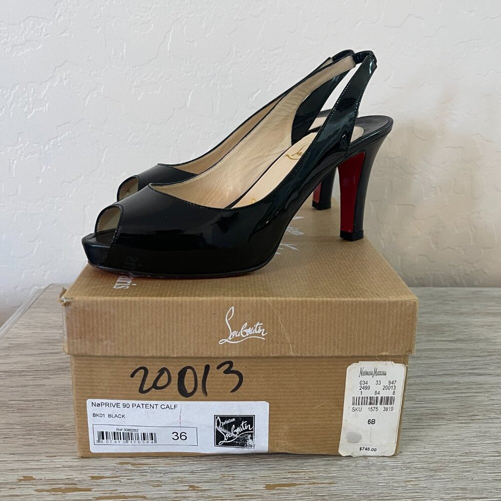 Christian Louboutin 36 6 Black Patent Heels Peeptoe Slingback with Box